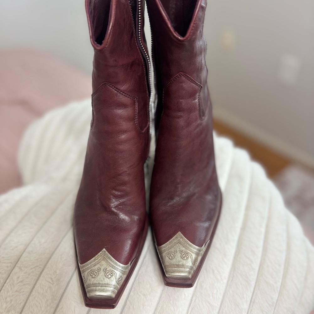 Free People Maroon Leather Ankle Boots with Silver Accents